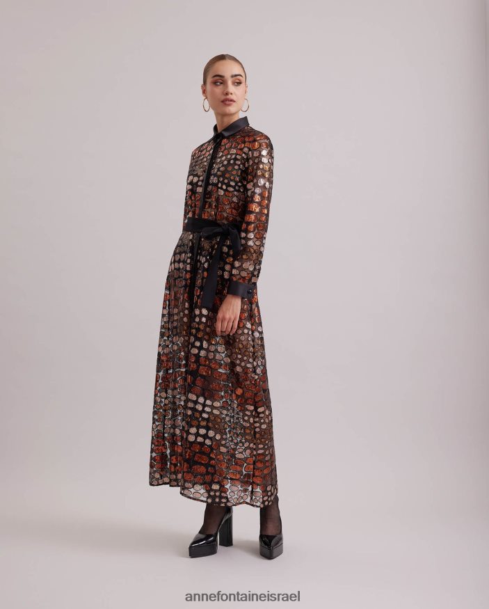 הַלבָּשָׁה Anne Fontaine שמלת savante שמלת רשת שקופה ארוכה רקומה בפאייטים ומסתיימת בפרטי משי שָׁחוֹר נשים DL8V8L101