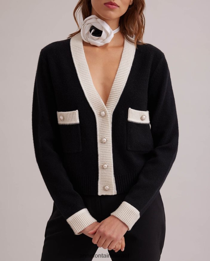 הַלבָּשָׁה Anne Fontaine קרדיגן script קצוץ עם שרוולים ארוכים בתערובת צמר שָׁחוֹר נשים DL8V8L481