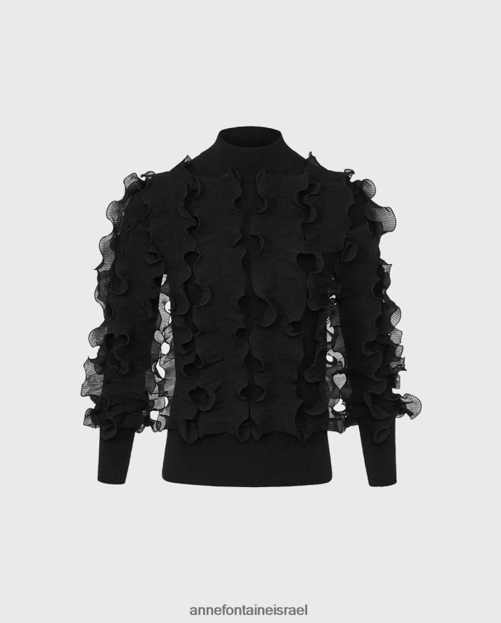 הַלבָּשָׁה Anne Fontaine סוודר sidaline סוודר שרוול ארוך עם סלסולים קפלים שָׁחוֹר נשים DL8V8L470