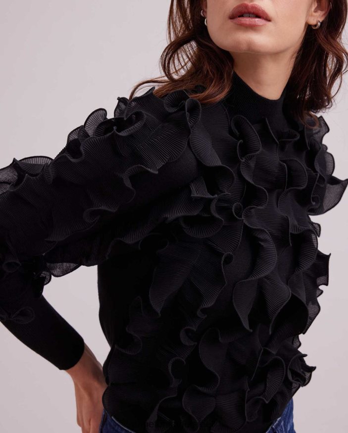 הַלבָּשָׁה Anne Fontaine סוודר sidaline סוודר שרוול ארוך עם סלסולים קפלים שָׁחוֹר נשים DL8V8L470