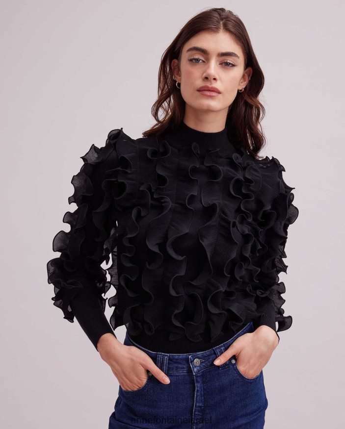 הַלבָּשָׁה Anne Fontaine סוודר sidaline סוודר שרוול ארוך עם סלסולים קפלים שָׁחוֹר נשים DL8V8L470