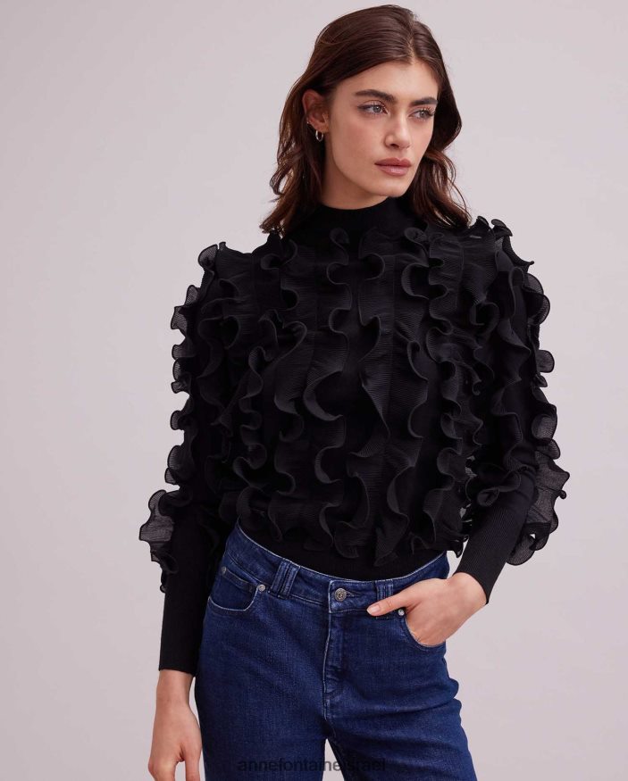 הַלבָּשָׁה Anne Fontaine סוודר sidaline סוודר שרוול ארוך עם סלסולים קפלים שָׁחוֹר נשים DL8V8L470