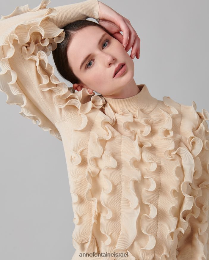 הַלבָּשָׁה Anne Fontaine סוודר sidaline סוודר שרוול ארוך עם סלסולים קפלים חום/חול נשים DL8V8L485