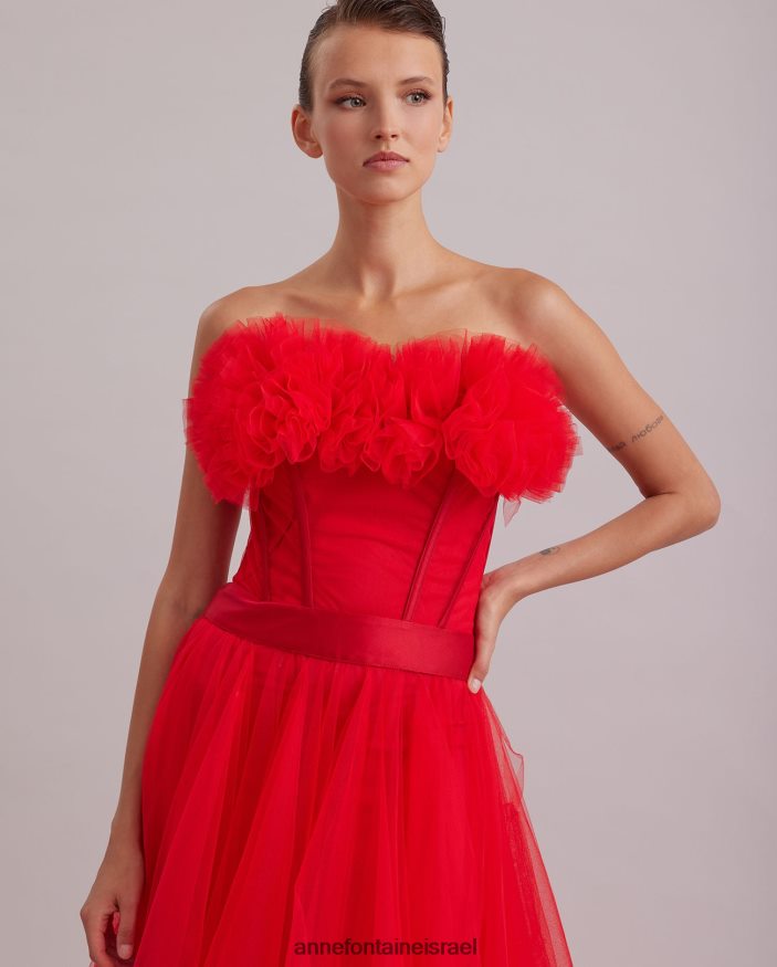 הַלבָּשָׁה Anne Fontaine שמלת siecle ארוכה אדום סטרפלס סאטן ושמלת טול אדום פרג נשים DL8V8L106