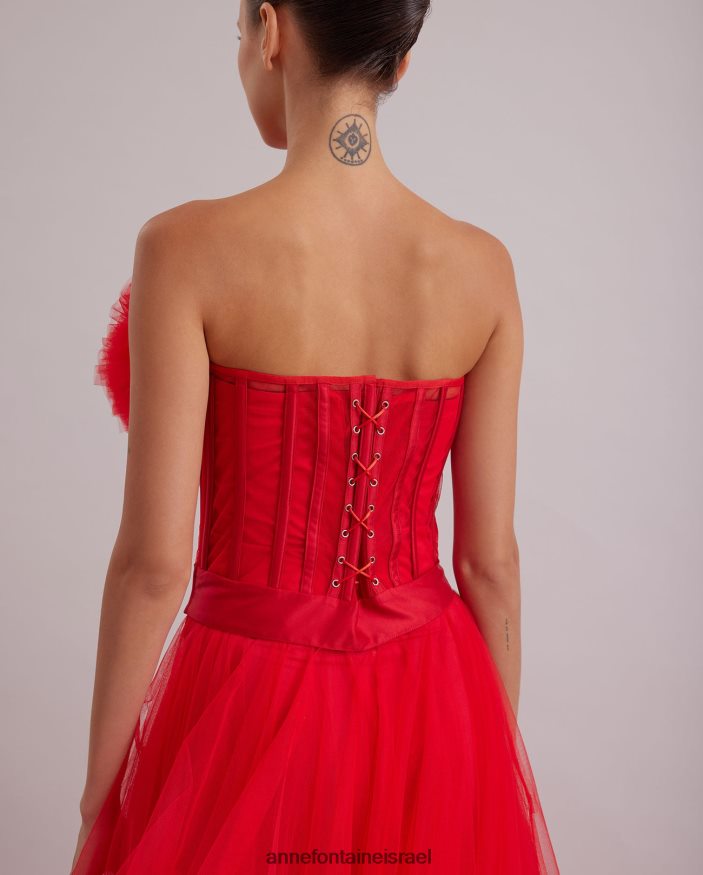 הַלבָּשָׁה Anne Fontaine שמלת siecle ארוכה אדום סטרפלס סאטן ושמלת טול אדום פרג נשים DL8V8L106