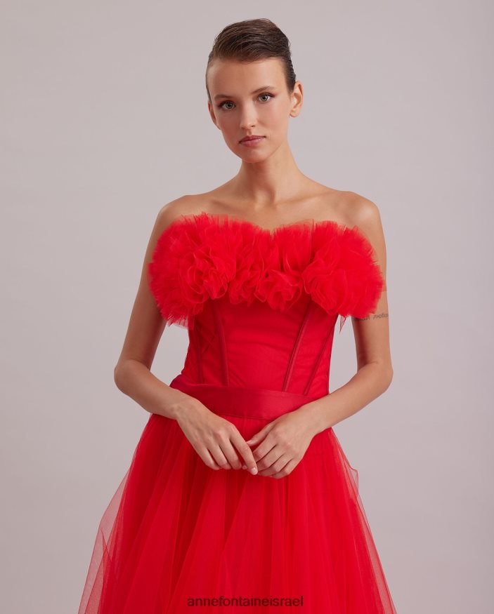 הַלבָּשָׁה Anne Fontaine שמלת siecle ארוכה אדום סטרפלס סאטן ושמלת טול אדום פרג נשים DL8V8L106