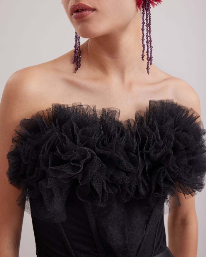 הַלבָּשָׁה Anne Fontaine שמלת siecle ארוכה סטרפלס שמלת סאטן וטול שָׁחוֹר נשים DL8V8L107