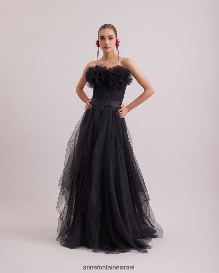 הַלבָּשָׁה Anne Fontaine שמלת siecle ארוכה סטרפלס שמלת סאטן וטול שָׁחוֹר נשים DL8V8L107