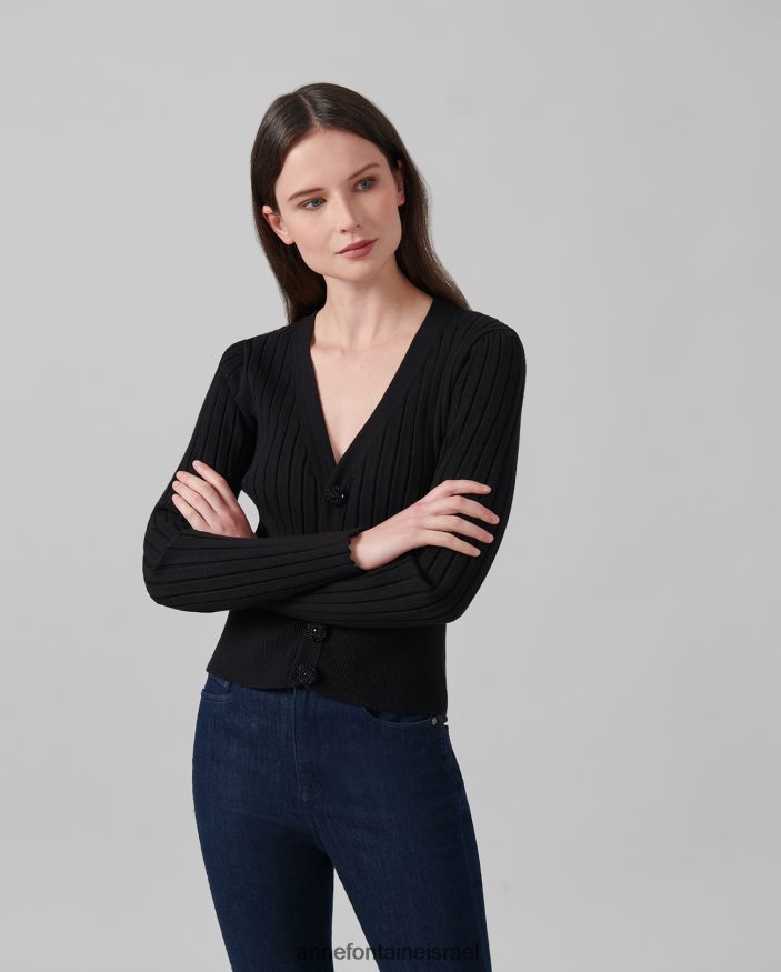 הַלבָּשָׁה Anne Fontaine קרדיגן solfege עם צווארון V שָׁחוֹר נשים DL8V8L483