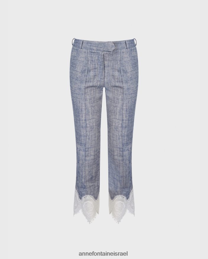 הַלבָּשָׁה Anne Fontaine מכנסי פשתן קצוצים מכנסי vince עם אפליקציית תחרה כְּחוֹל נשים DL8V8L333