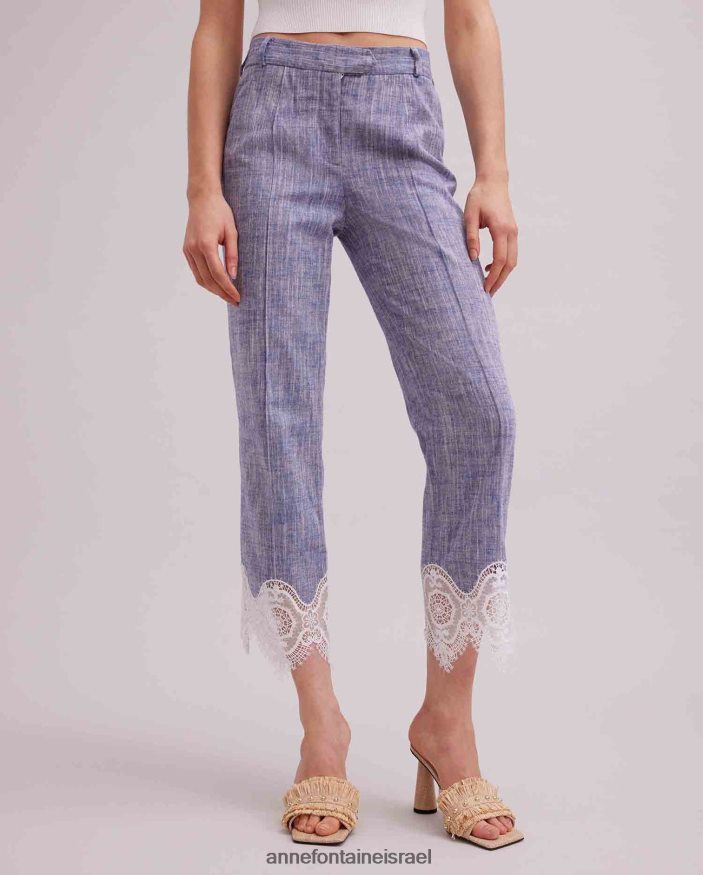 הַלבָּשָׁה Anne Fontaine מכנסי פשתן קצוצים מכנסי vince עם אפליקציית תחרה כְּחוֹל נשים DL8V8L333