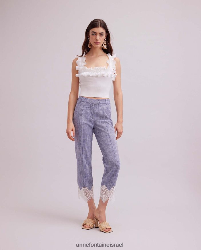 הַלבָּשָׁה Anne Fontaine מכנסי פשתן קצוצים מכנסי vince עם אפליקציית תחרה כְּחוֹל נשים DL8V8L333