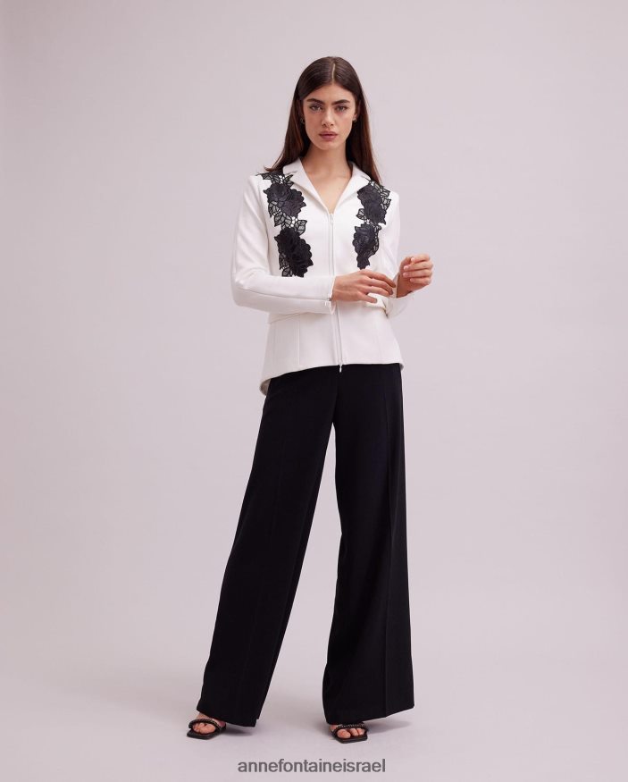 הַלבָּשָׁה Anne Fontaine מעיל vorra ז'קט מחויט עם אפליקציות ורדים מעור מלאכותי לבן שחור נשים DL8V8L457